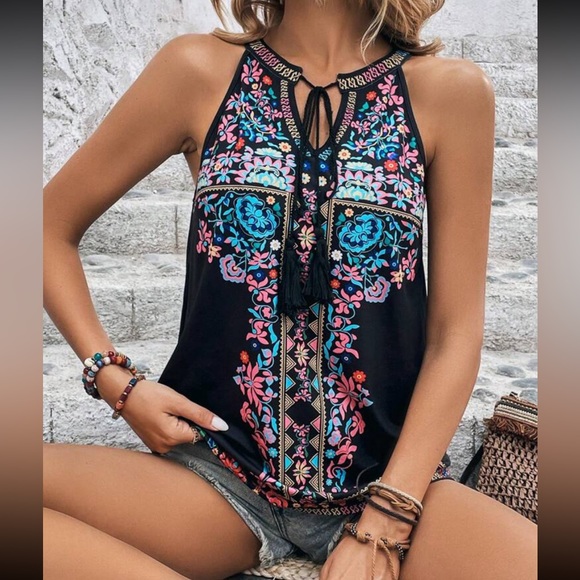 Boho Floral Print Tank Top Blouse Shirt Blue - Picture 6 of 10